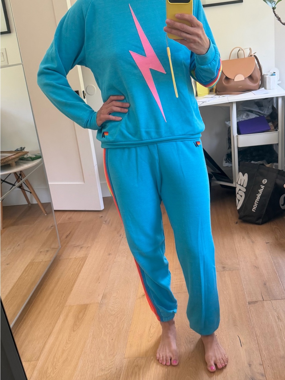 Aviator Nation Bright Blue Sweatshirt and Joggers Set with Pink Bolt